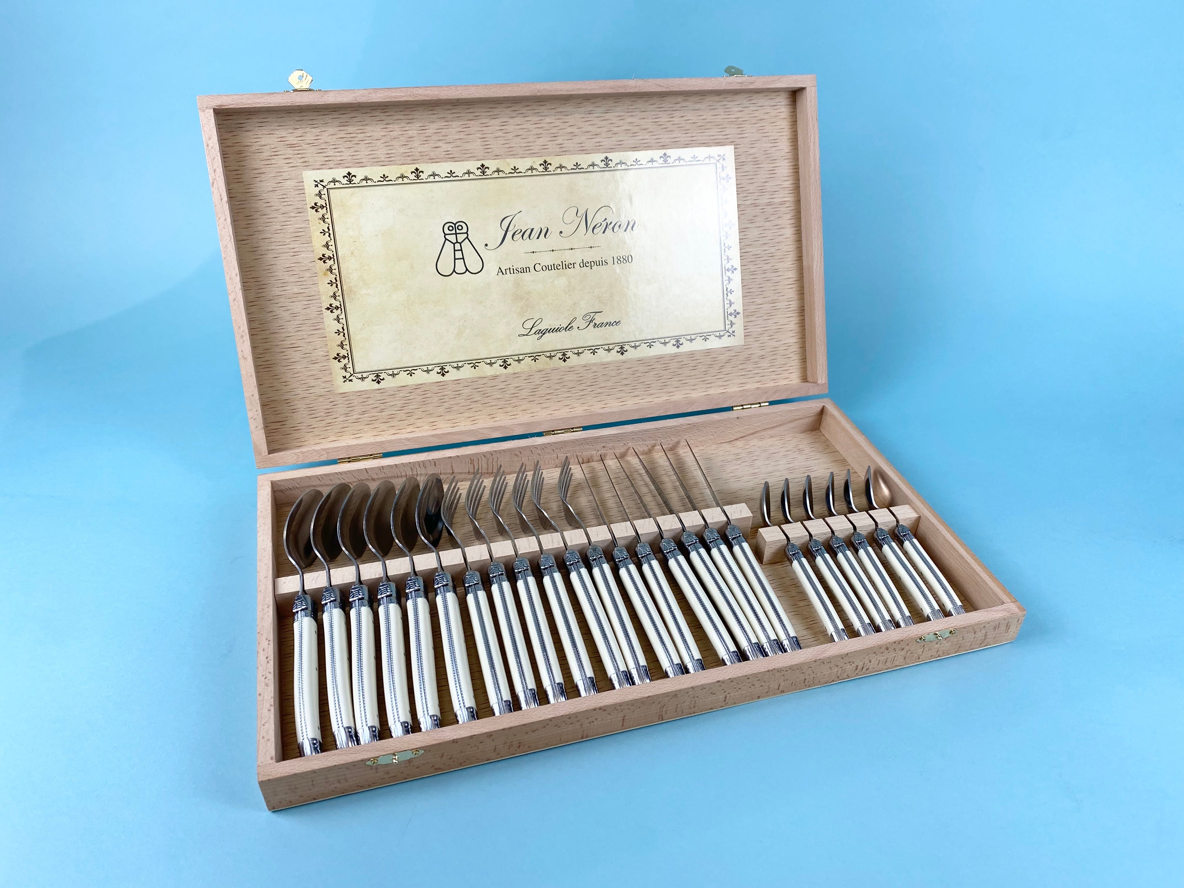 Laguiole Ivory Platine in Presentation Wood Box (Set of 24) Cutlery Set Laguiole Brand_Laguiole Carving Sets Kitchen_Dinnerware Laguiole PhotoJul27_104151AM_e2f6ee6a-3837-4dda-8574-e39244f5eeb6