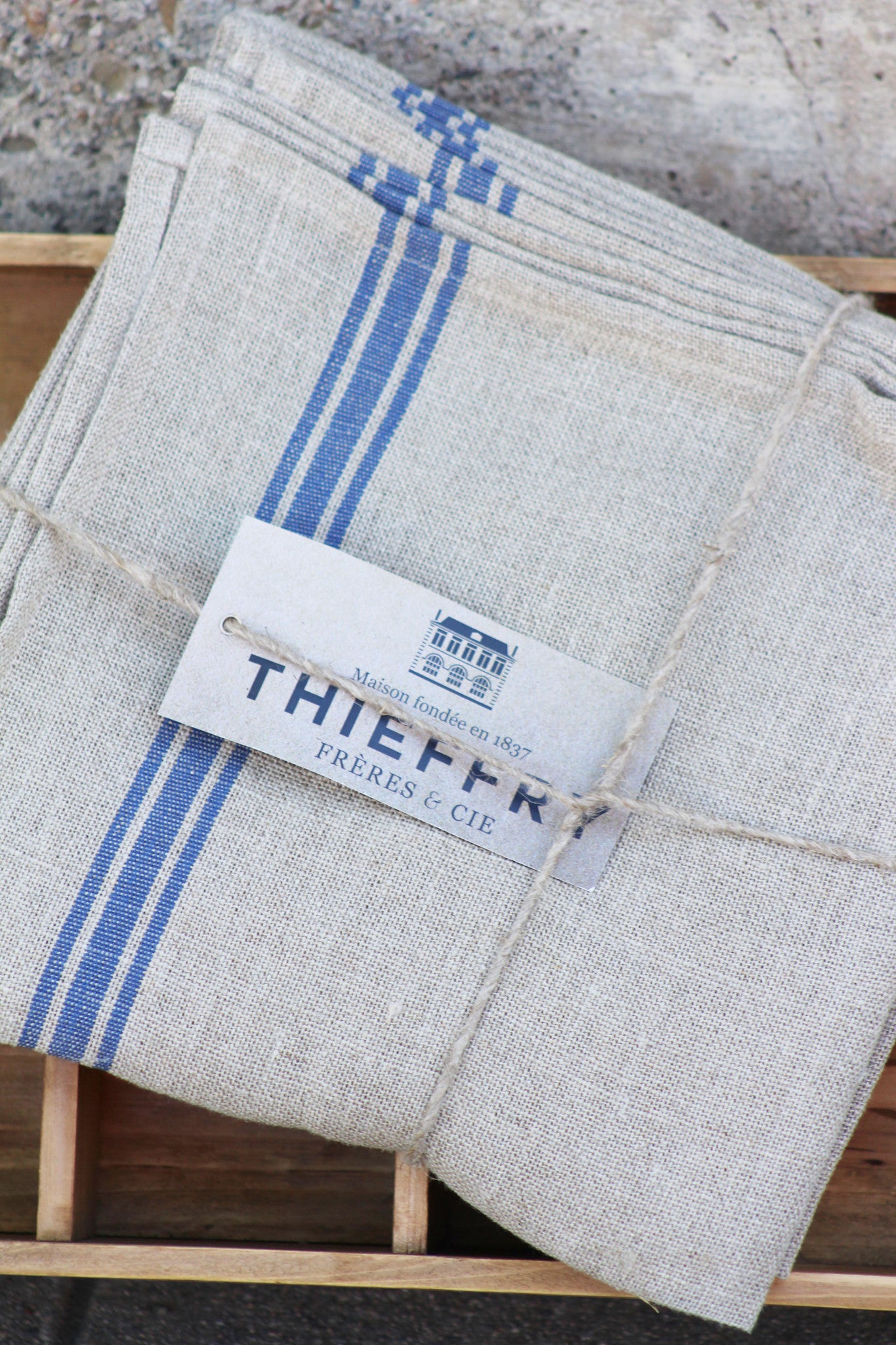 Thieffry Monogramme Linen Tablecloth (68" x 110") Textile Thieffry Brand_Thieffry Rectangular Tablecloths Textiles_Tablecloths Thieffry ThieffryBlueMonogrammeLinenTablecloth_68x110_2