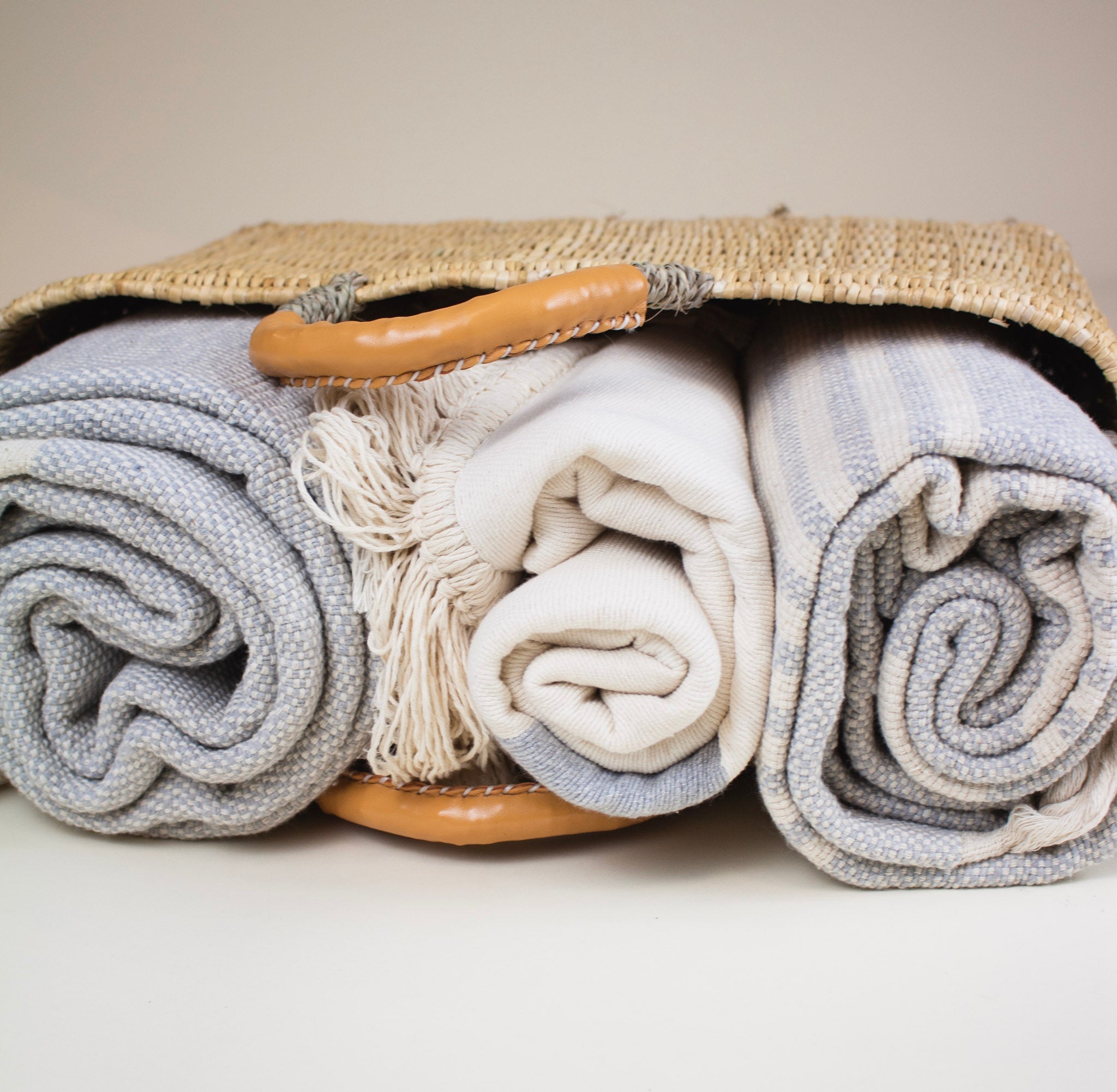 Large White Handmade Moroccan Throw with Blue Stripe Kiss That Frog