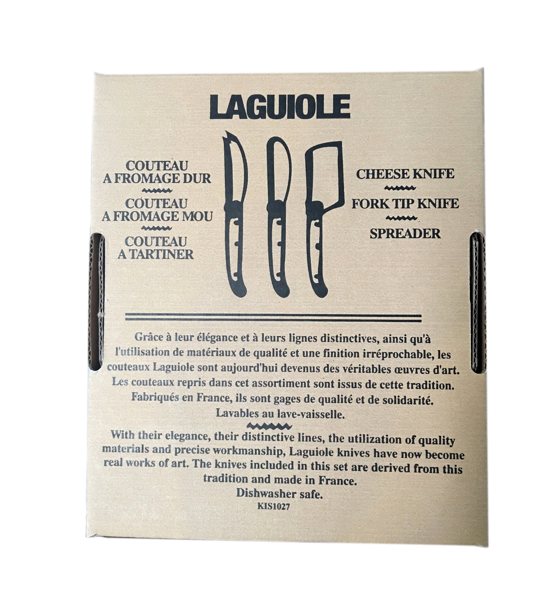 Laguiole Black Mini Cheese Set (Cutter, Spreader, Fork Tipped Knife) in Brown Box (Set of 3) Cutlery Set Laguiole Brand_Laguiole Gift Sets Kitchen_Dinnerware Kitchen_Kitchenware Knife Sets Laguiole Mini Cheese Sets Spring Collection mini_cheese_back_of_box_2d479fe0-b6a4-4d71-991d-f490e32b25b7
