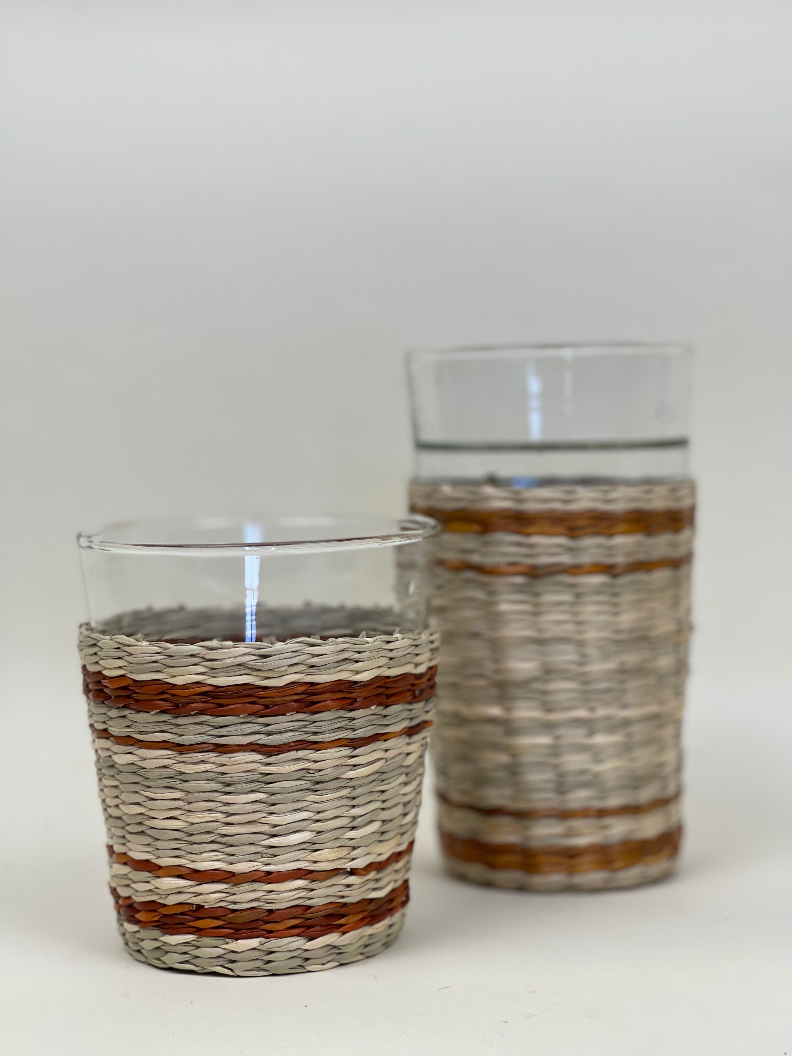 Brown Striped Seagrass Wide Tumbler (Now 25% off!) Glass Seagrass Brand_Seagrass & Rattan Kitchen_Drinkware lm New Arrivals Seagrass Summer Clean Up summer sale Tumblers & Highballs sepiawidetumblerAmbiance